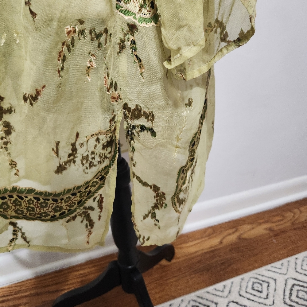 Silk Blend Robe Kimono Duster Green Sheer Floral Paisley Women’s Large - Picture 4 of 12